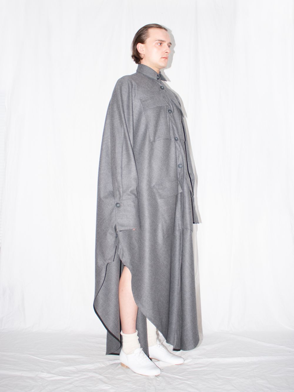 Elongated Wool Cloak Shirt - Grey - Image 5