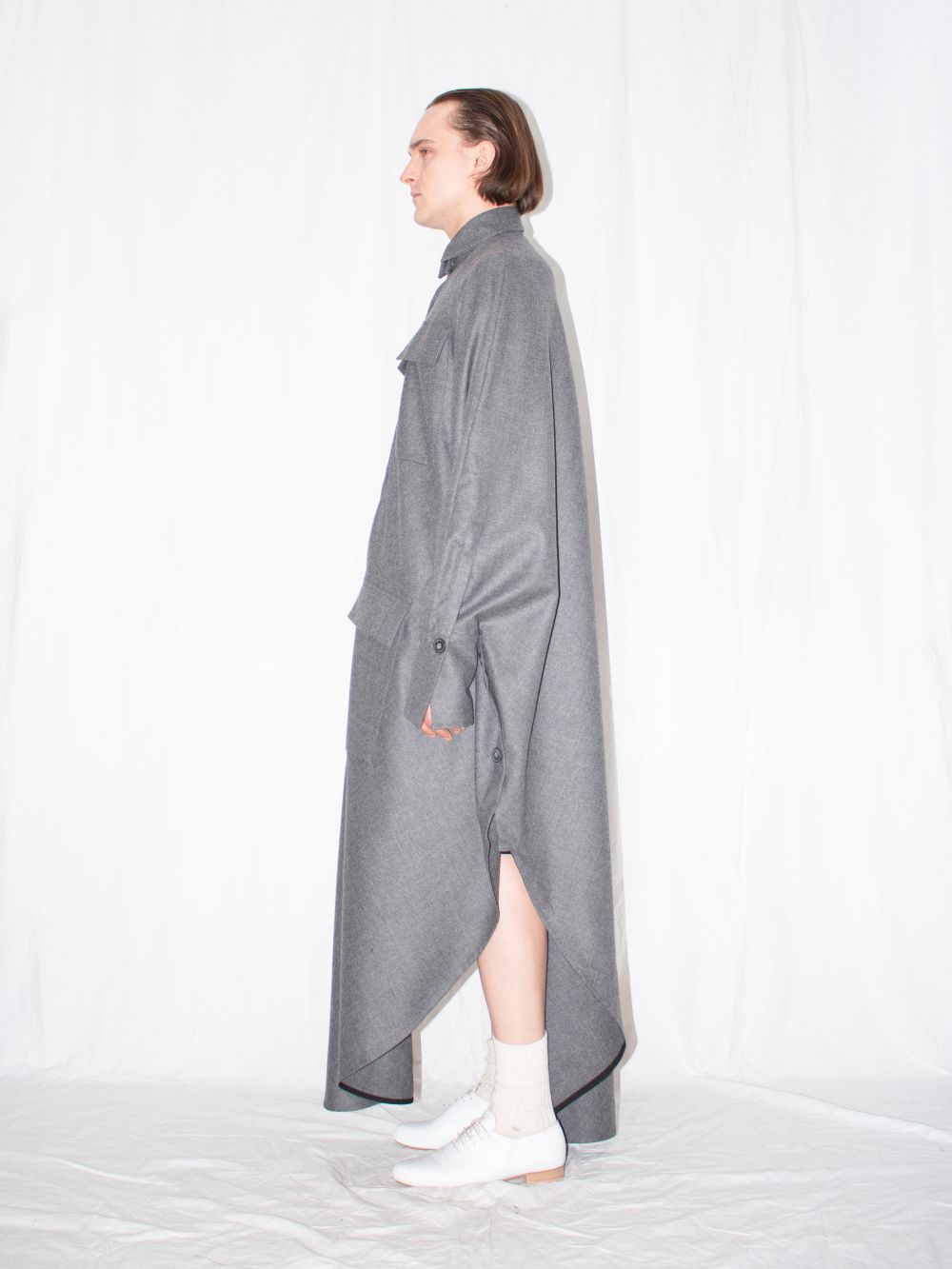 Elongated Wool Cloak Shirt - Grey - Image 3